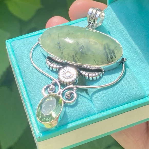 Prehinite, Green Amethyst & Sterling Silver Handcrafted Pendant 3” - Picture 2 of 6